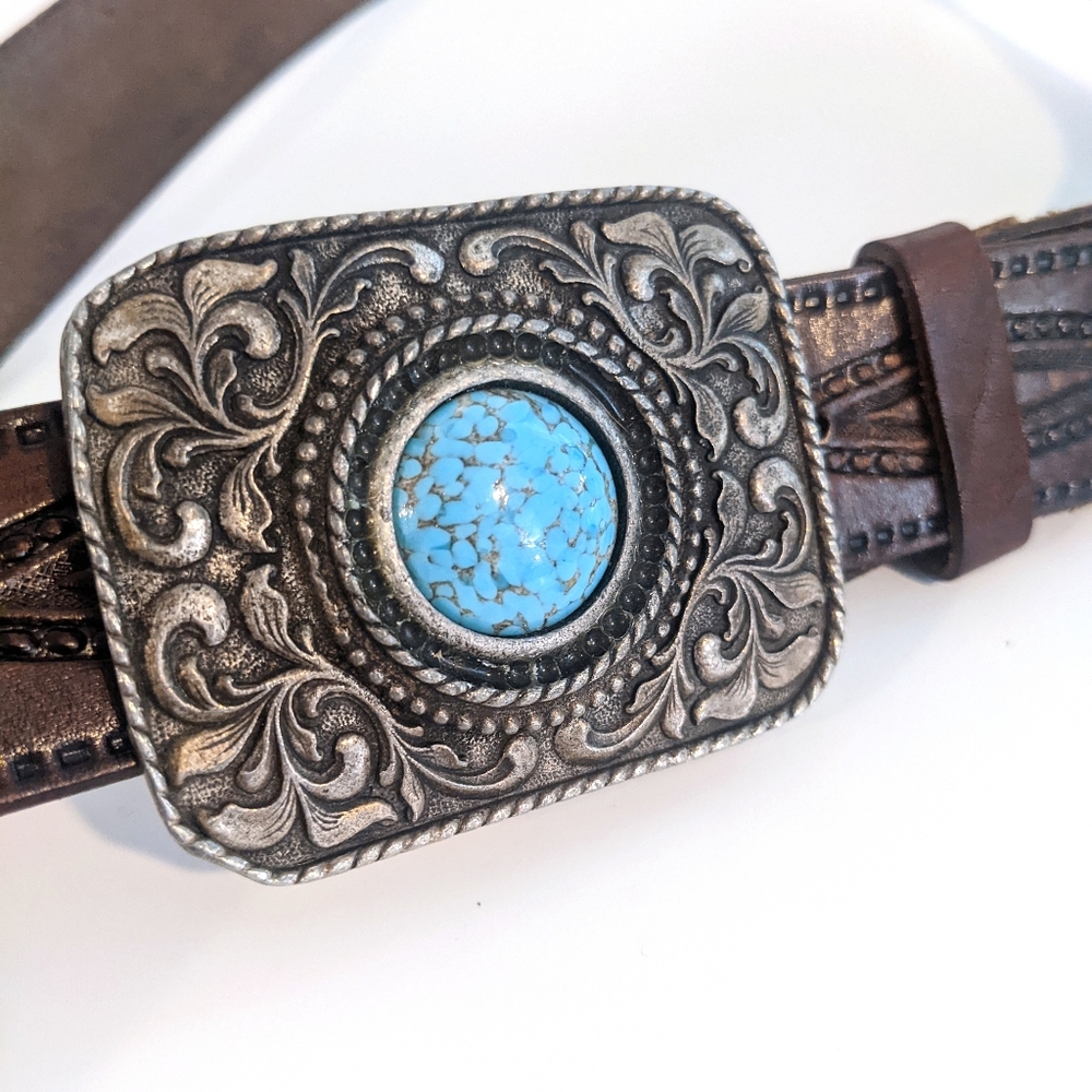 Vintage Stamped Leather Belt and Turquoise Belt Buckle  Unisex